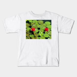 Floating pair of Red Water Lilly Flowers on Pond Kids T-Shirt